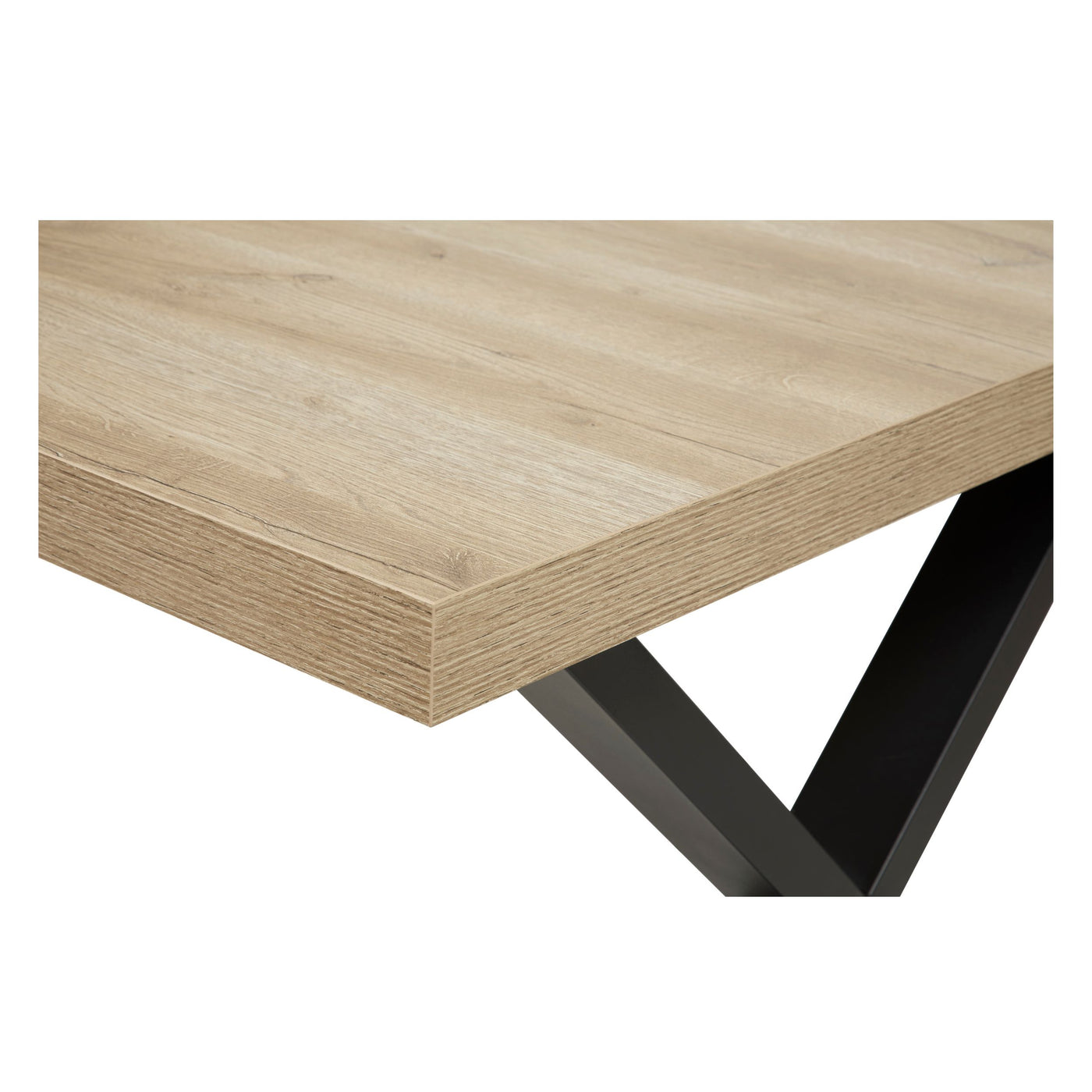 Salle à manger Rico (bi-ton Arizona Oak & Nero), détail de la finition mélaminée chêne clair du plateau de table et de son chant