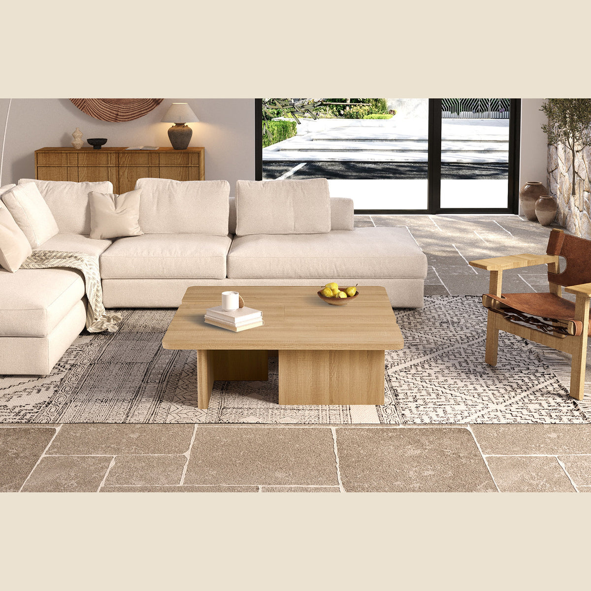 Table basse Arallo 120×120 — Travertin ou chêne