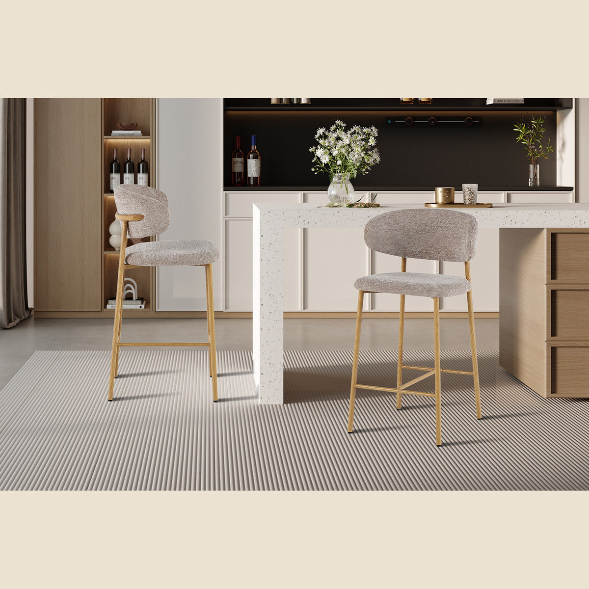 Chaise de comptoir Coco — Tissu chiné, pied naturel ou noyer