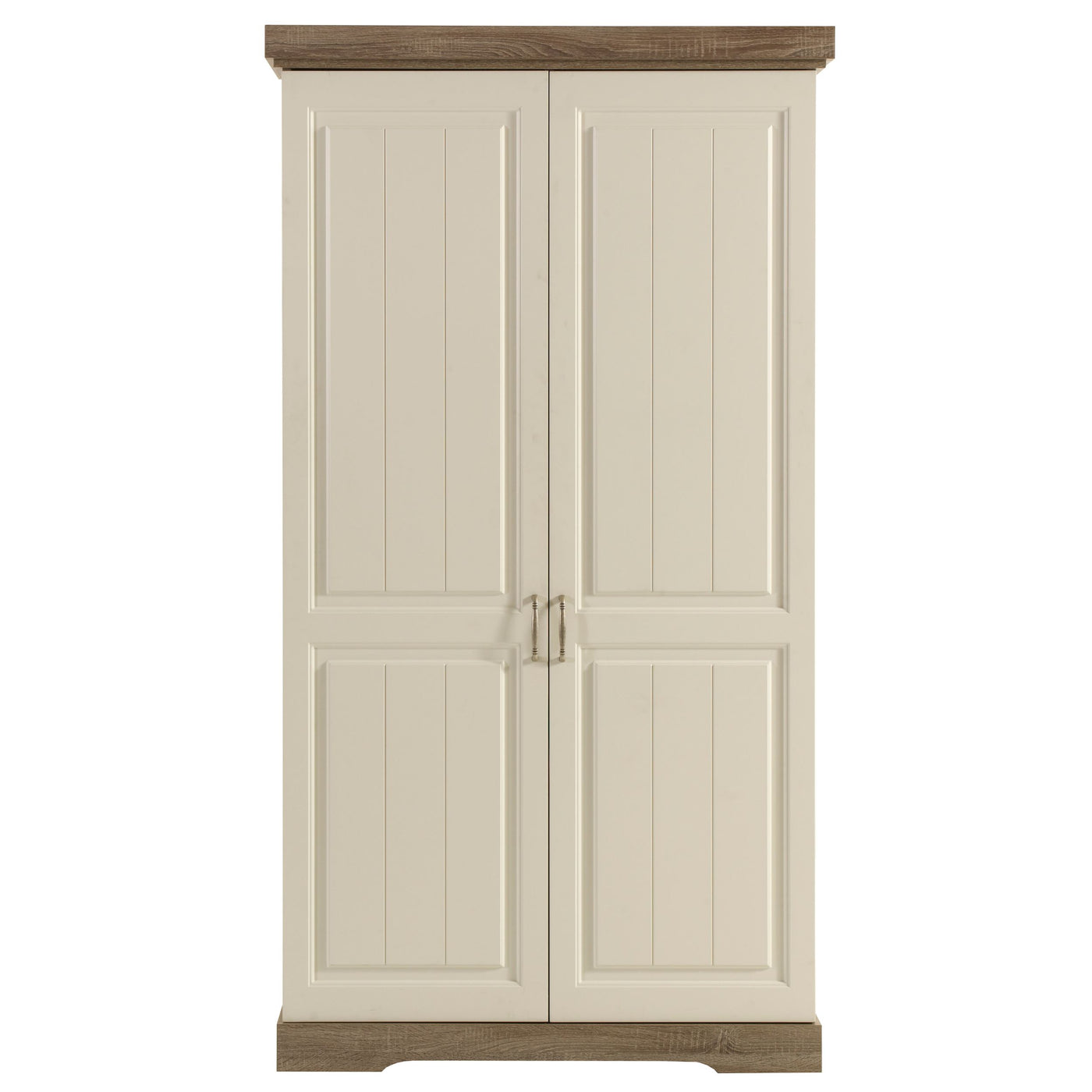 Armoire 2 portes Ivette fermée, façades PORCELAINE et dessus TRUFFLE