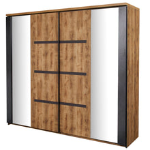 Armoire coulissante Pauline 245 cm fermée, portes chêne doré et miroirs latéraux, montants DARK STONE