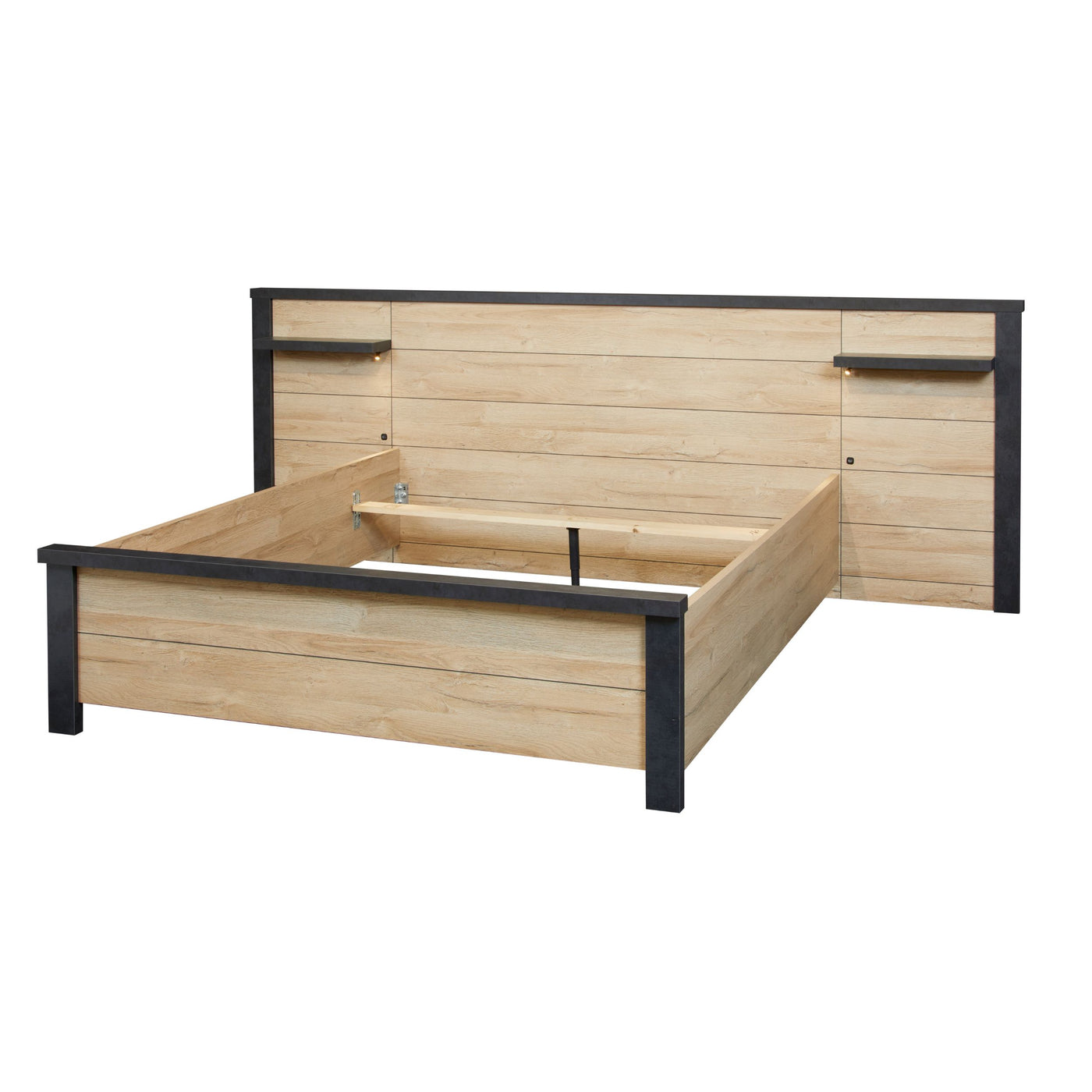 Lit Phaedra avec chevets suspendus intégrés : tablettes LED allumées, caisson FRENCH OAK et montants NOX
