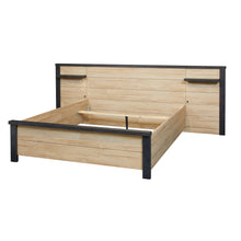 Lit Phaedra avec chevets suspendus intégrés : tablettes LED allumées, caisson FRENCH OAK et montants NOX