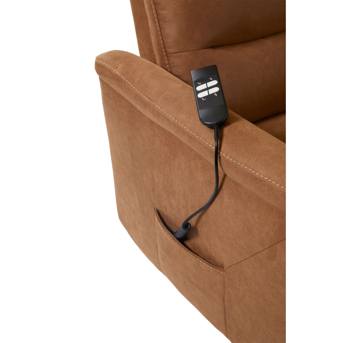 Fauteuil relax Mayenne en tissu cognac, détail du mécanisme relax électrique