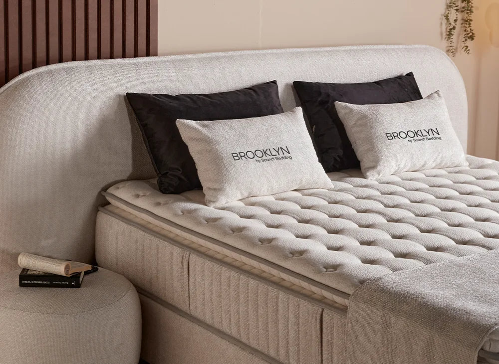 Lit Brooklyn — Boxspring bouclé à coffres de rangement