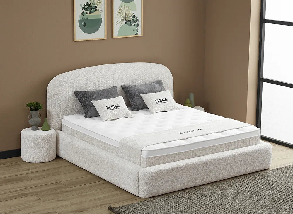 Lit Elena — Boxspring bouclé à coffres de rangement