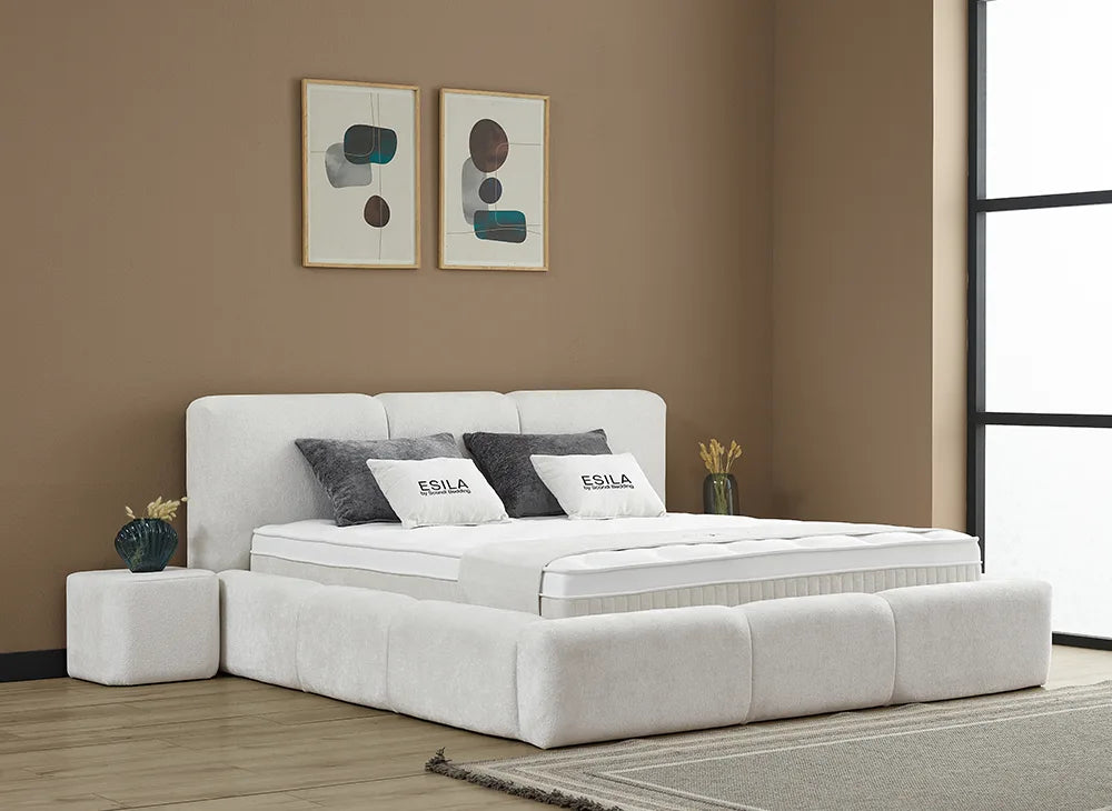 Lit Esila — Boxspring Japandi à coffres de rangement