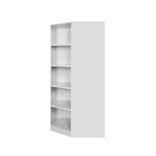 Rangement Systemix en décor papier sur panneaux de particules BLANC / ANTHRACITE, vue de profil d'une colonne d'étagères ouvertes blanche montrant la profondeur du caisson