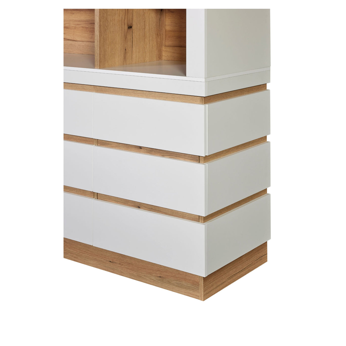 Rangement Urbino en panneaux revêtus WIT (blanc), détail de l'angle du buffet avec tiroirs blancs superposés, rainures en chêne et socle assorti