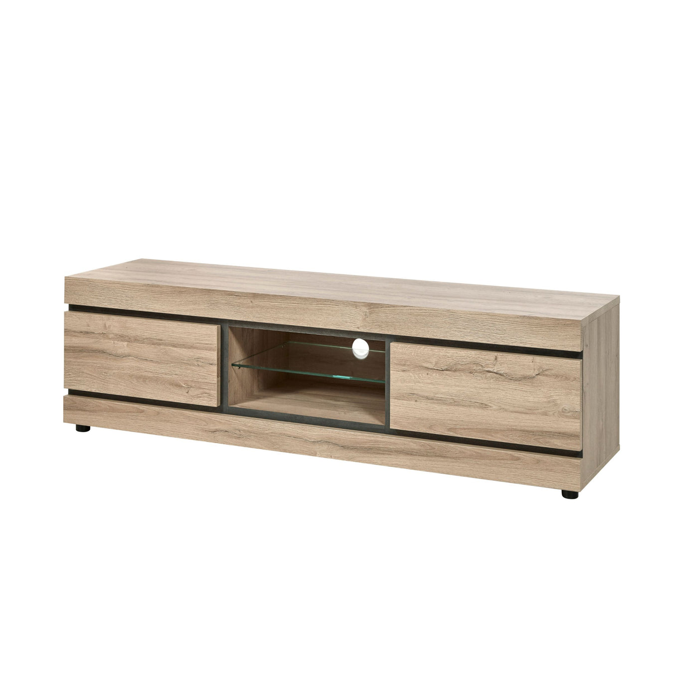 Salle à manger Marnix (French Oak), meuble TV long avec niche centrale vitrée, packshot trois quarts