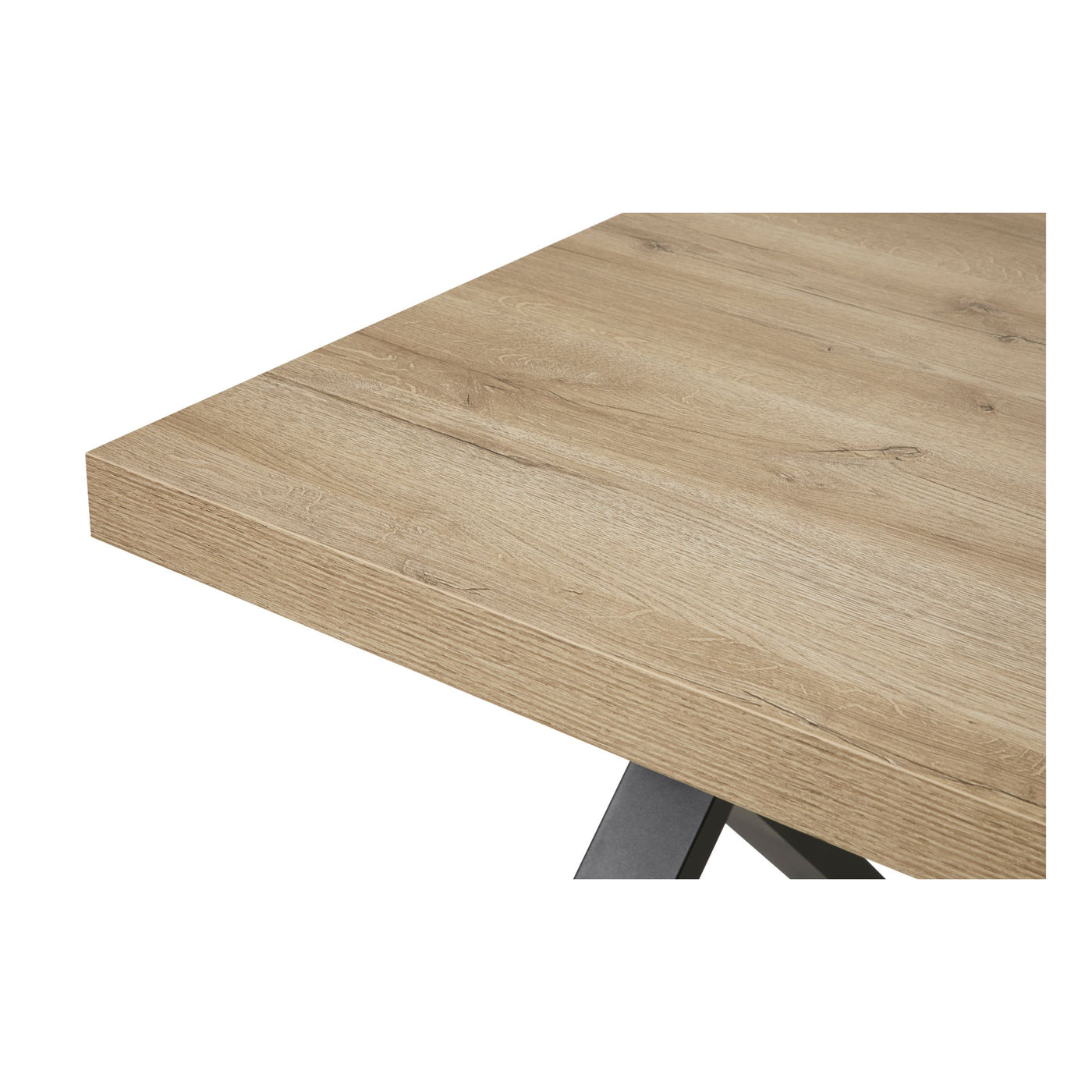 Salle à manger Rico (bi-ton Arizona Oak & Nero), gros plan sur le veinage chêne clair du plateau de table mélaminé