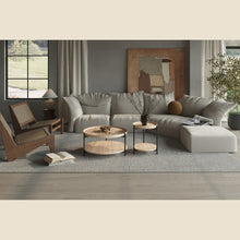 Table basse Dalina — Plateau rond, décor chêne vieilli