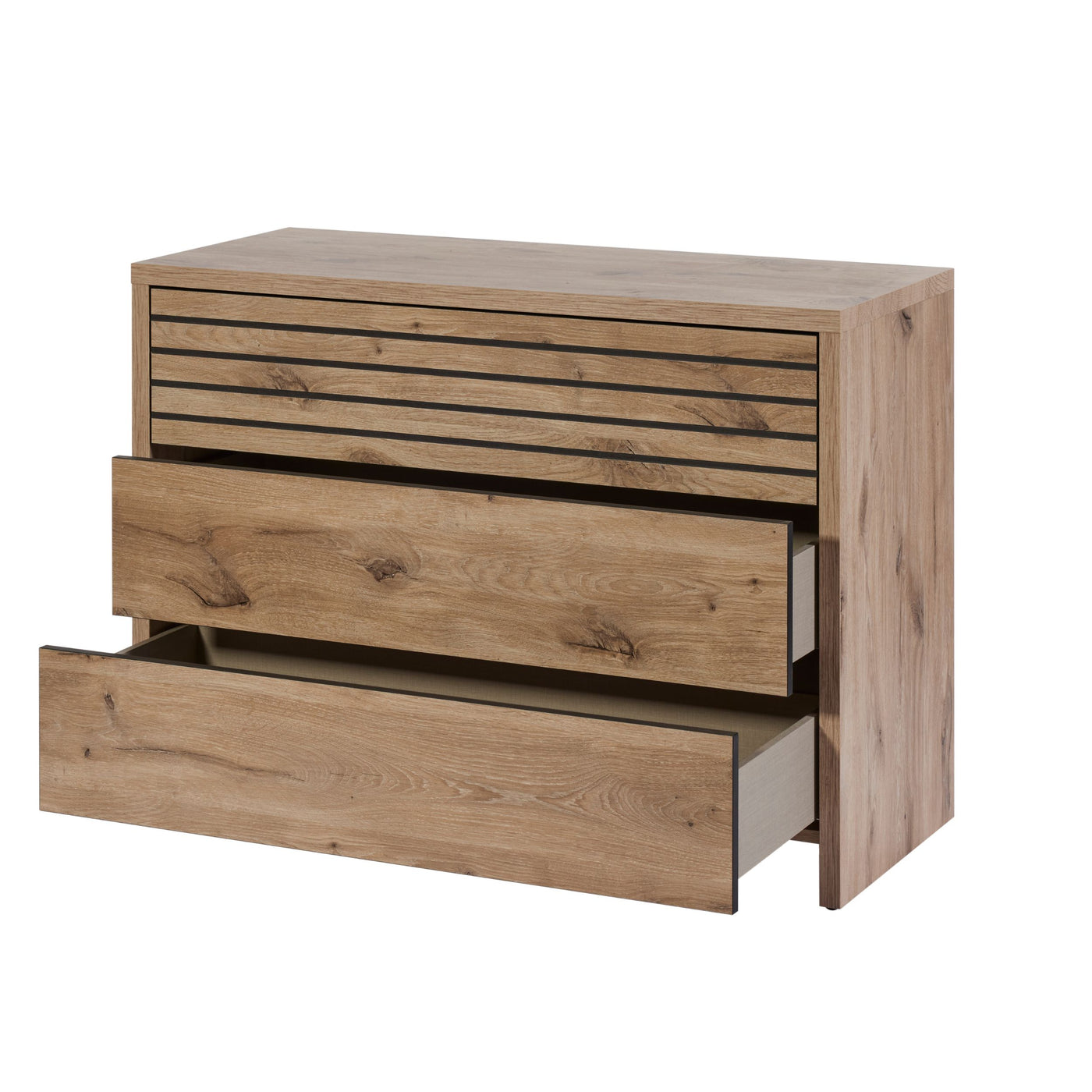 Commode Tanya CANYON OAK ouverte : deux tiroirs sortis, intérieur naturel clair