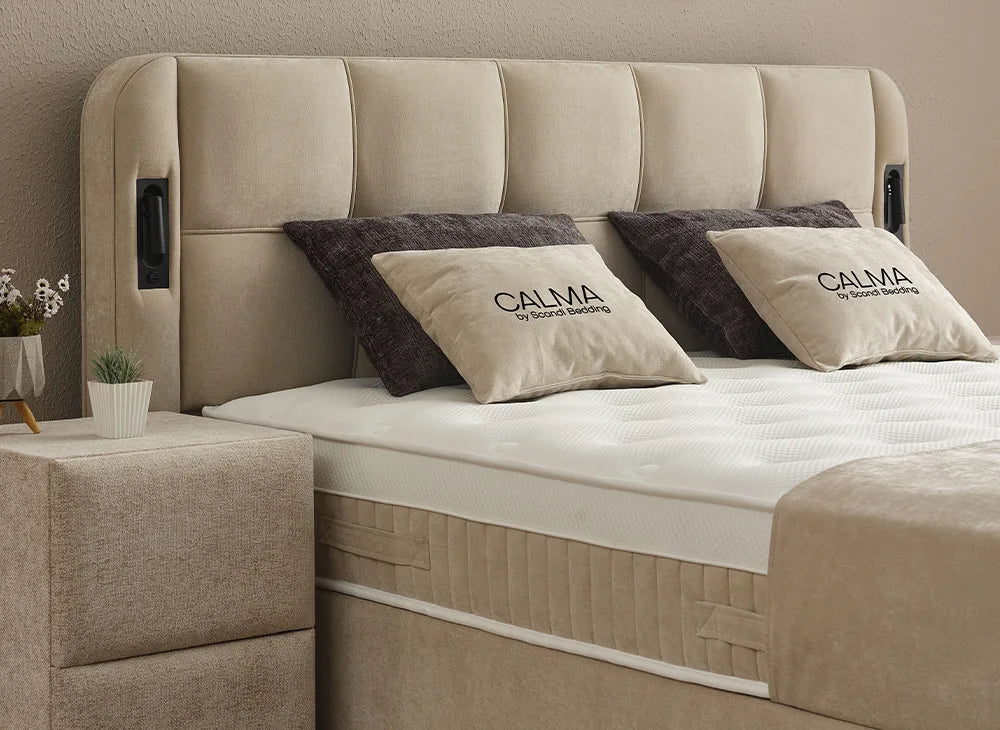 Lit Calma — Boxspring à coffres et tête de lit lumineuse