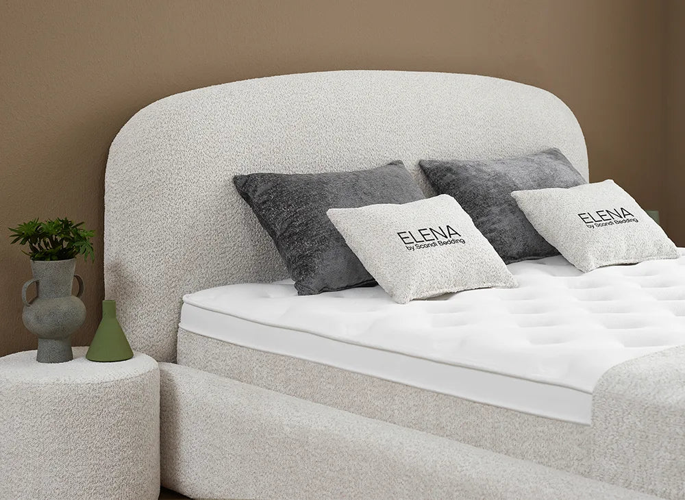 Lit Elena — Boxspring bouclé à coffres de rangement