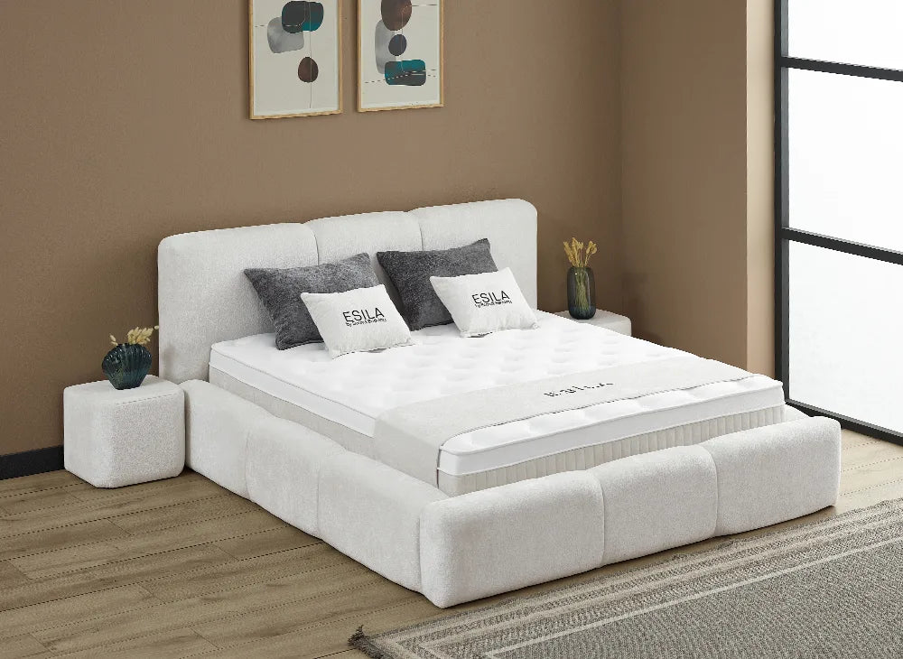 Lit Esila — Boxspring Japandi à coffres de rangement