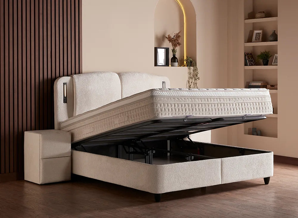 Lit Phoenix — Boxspring bouclé à coffres de rangement