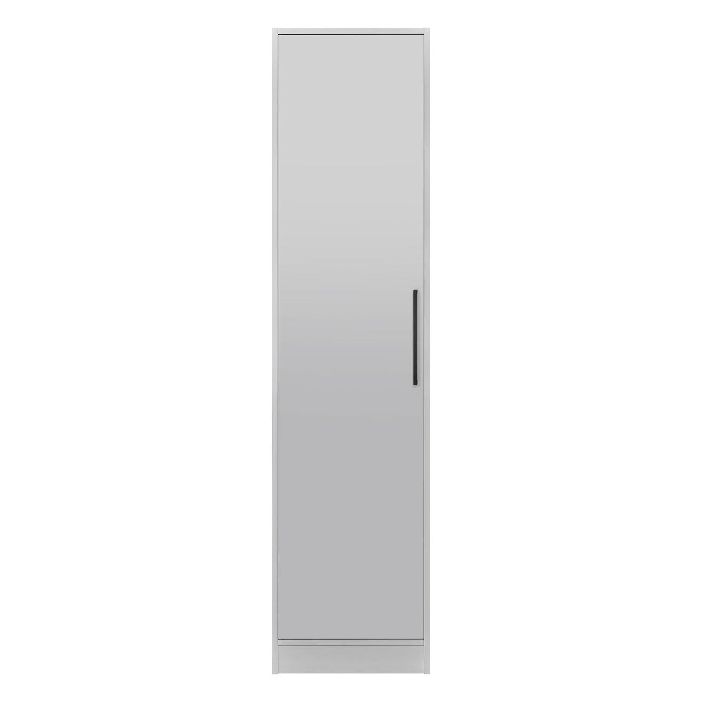 Rangement Systemix en décor papier sur panneaux de particules BLANC / ANTHRACITE, armoire blanche étroite à une porte avec poignée noire, vue de face