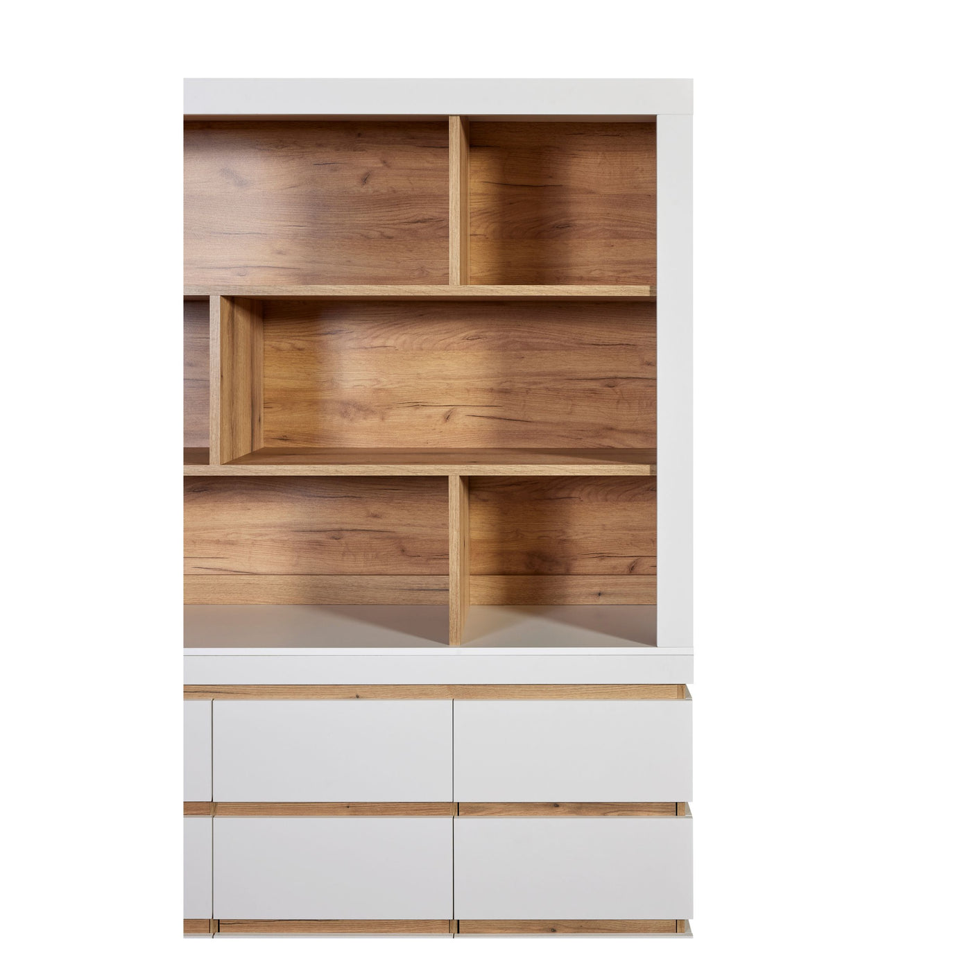 Rangement Urbino en panneaux revêtus WIT (blanc), vue de face du vaisselier haut aux niches ouvertes habillées de chêne au-dessus du buffet