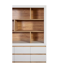 Rangement Urbino en panneaux revêtus WIT (blanc), vue de face du vaisselier haut aux niches ouvertes habillées de chêne au-dessus du buffet