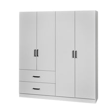Rangement Wilson en décor papier sur panneaux de particules BLANC, armoire 4 portes avec 2 tiroirs blanche vue de trois-quarts sur fond neutre 