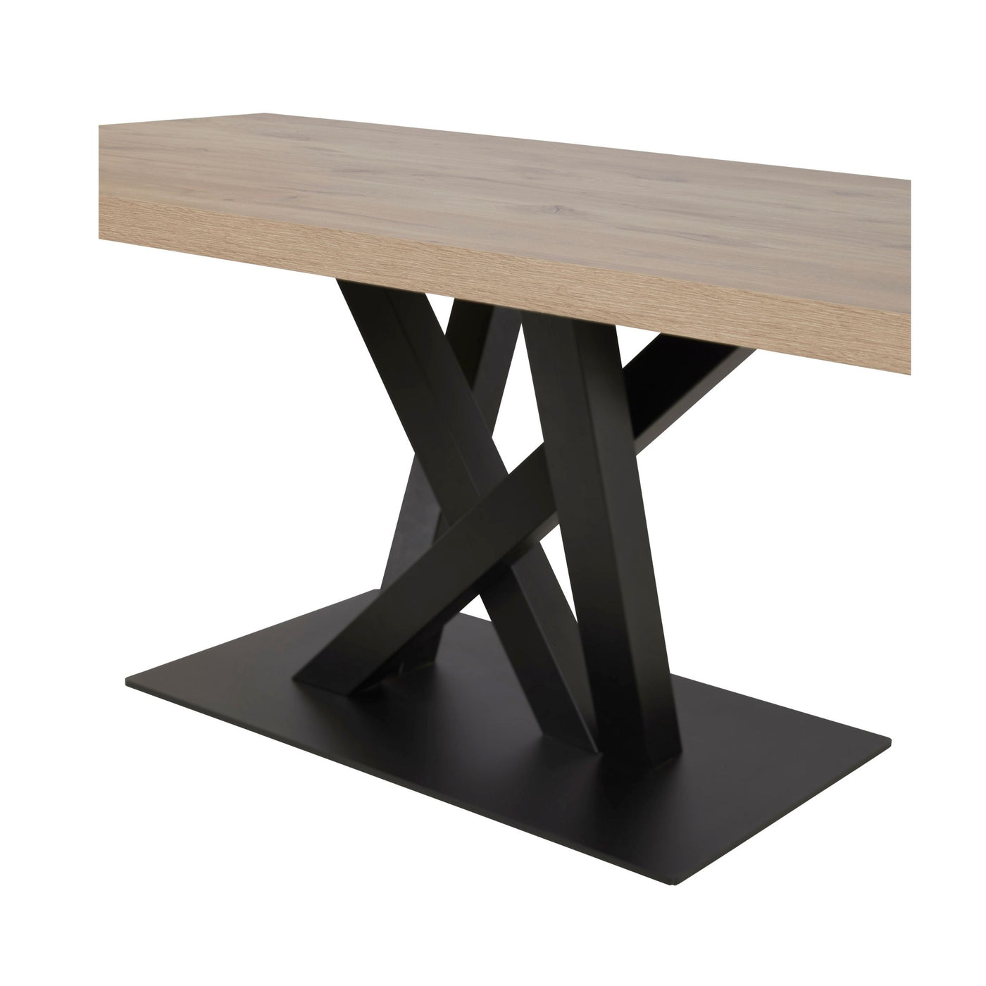 Salle à manger Sacha (Canyon Oak / Marmer / Nox), table à manger détail du piètement central métal noir entrecroisé