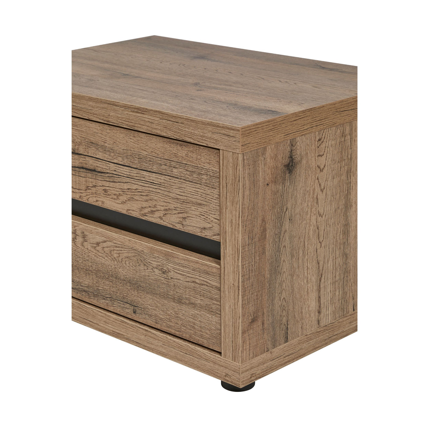 Chevet Olivia SCARLET OAK vu de côté, texture chêne brossé et profilé noir
