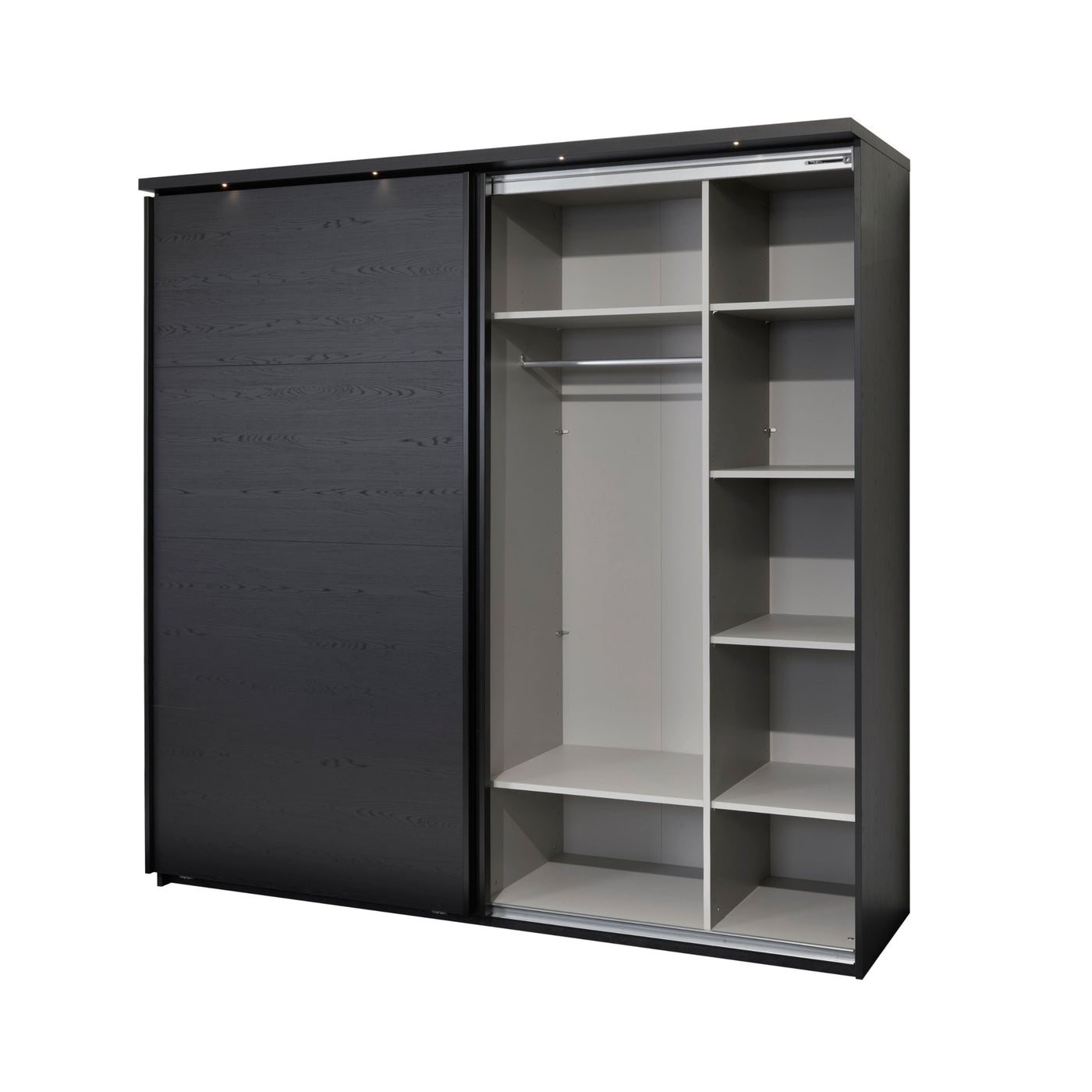 Intérieur armoire Rosie NOX : penderie centrale avec tringle chromée et colonne d'étagères latérales blanches