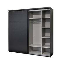Intérieur armoire Rosie NOX : penderie centrale avec tringle chromée et colonne d'étagères latérales blanches