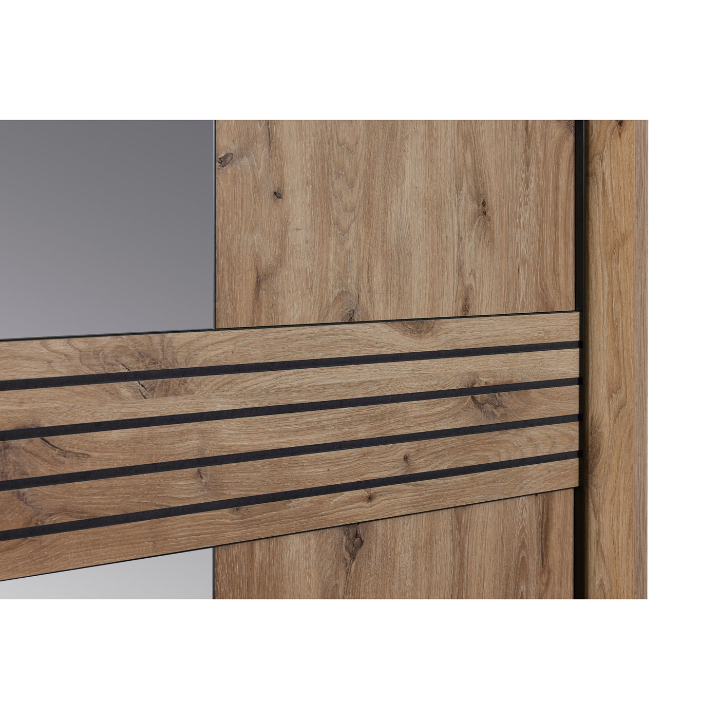 Détail porte armoire Tanya CANYON OAK : panneau miroir fumé et rainures ELEGANT BLACK