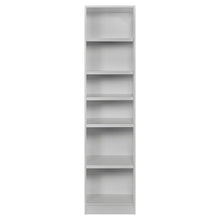 Rangement Systemix en décor papier sur panneaux de particules BLANC / ANTHRACITE, colonne d'étagères ouvertes blanche haute et étroite à six niveaux, vue de face