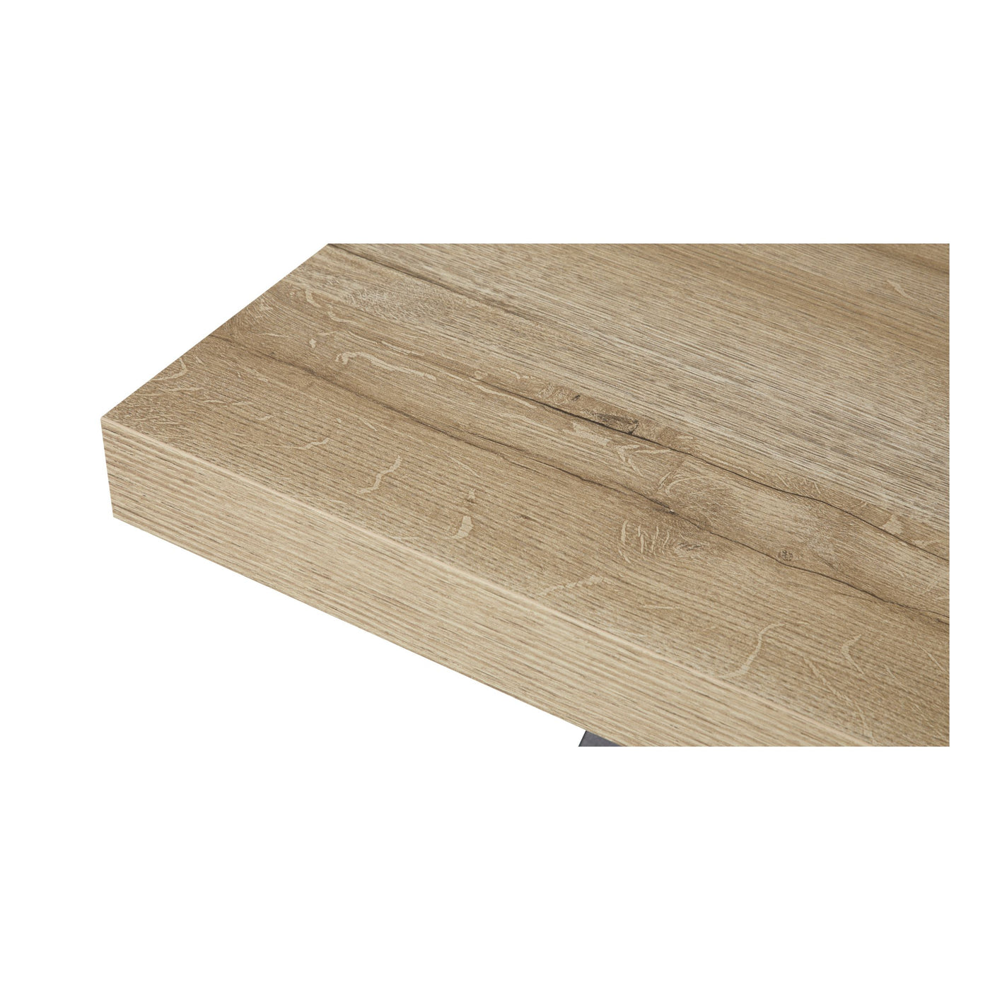 Salle à manger Rico (bi-ton Arizona Oak & Nero), détail de l'angle du plateau chêne clair de la table basse