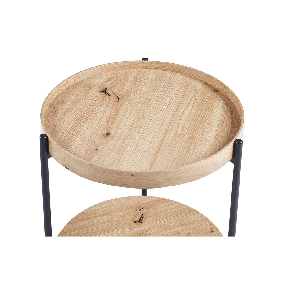 Table basse Dalina — Plateau rond, décor chêne vieilli