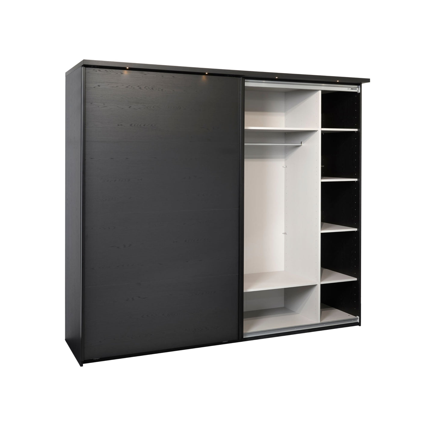 Intérieur armoire Rosie NOX vu de gauche : étagères réglables et penderie, portes coulissantes ouvertes