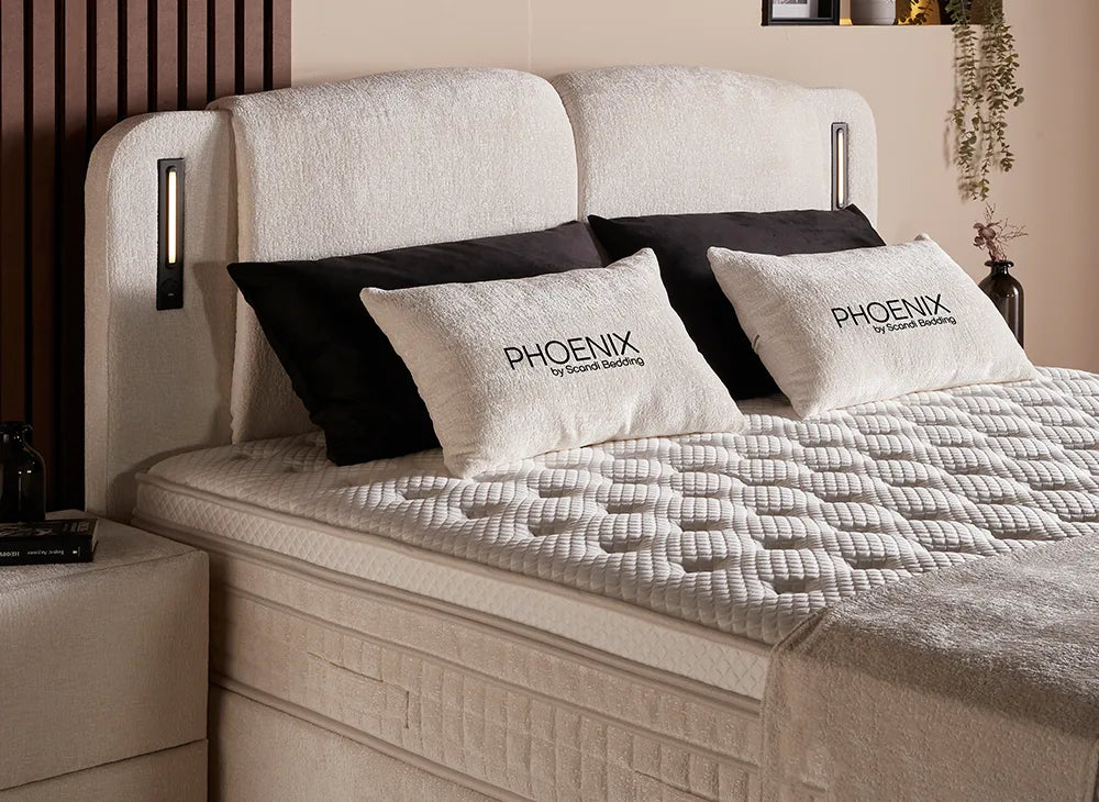 Lit Phoenix — Boxspring bouclé à coffres de rangement