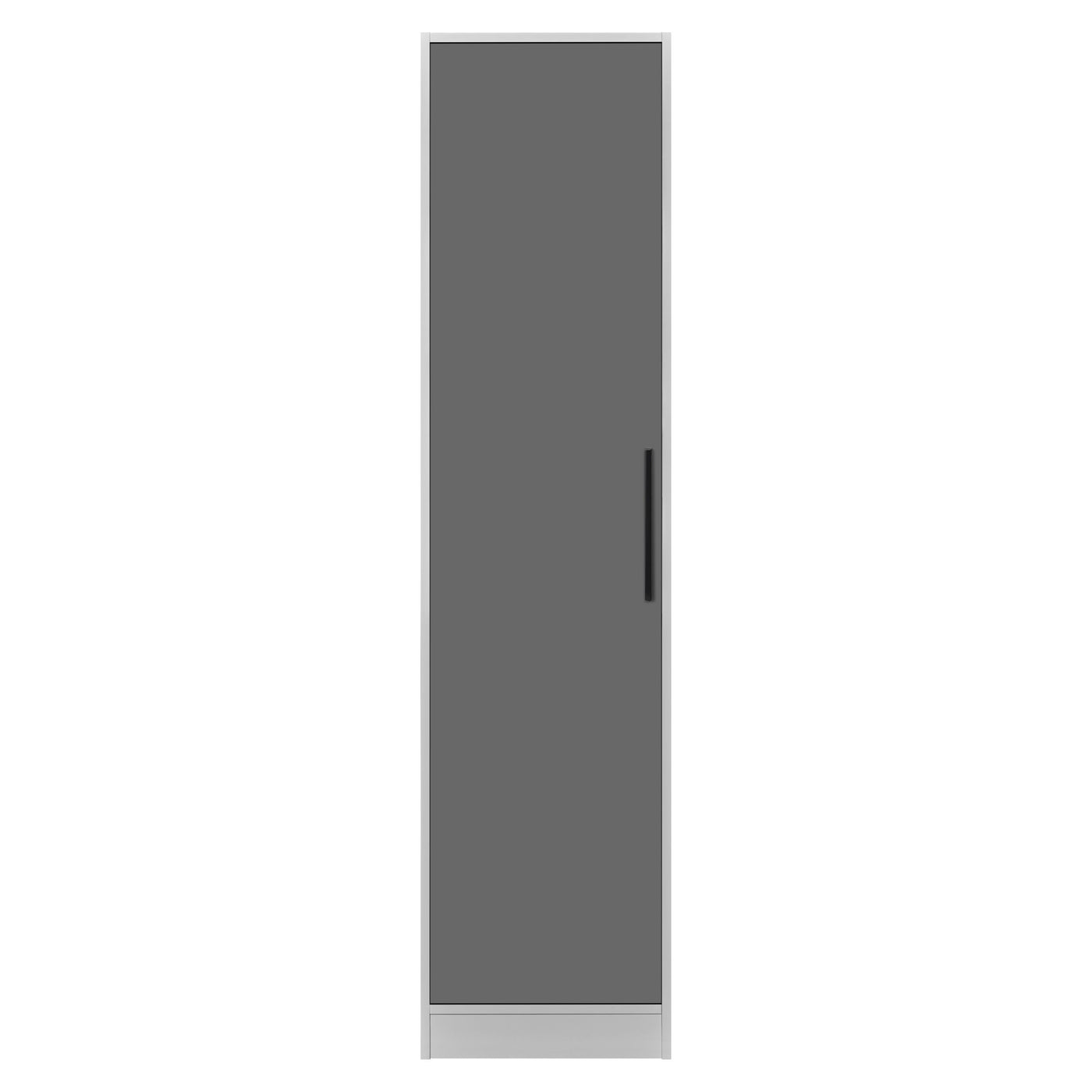 Rangement Systemix en décor papier sur panneaux de particules BLANC / ANTHRACITE, armoire à une porte anthracite à poignée noire et caisson blanc, vue de face