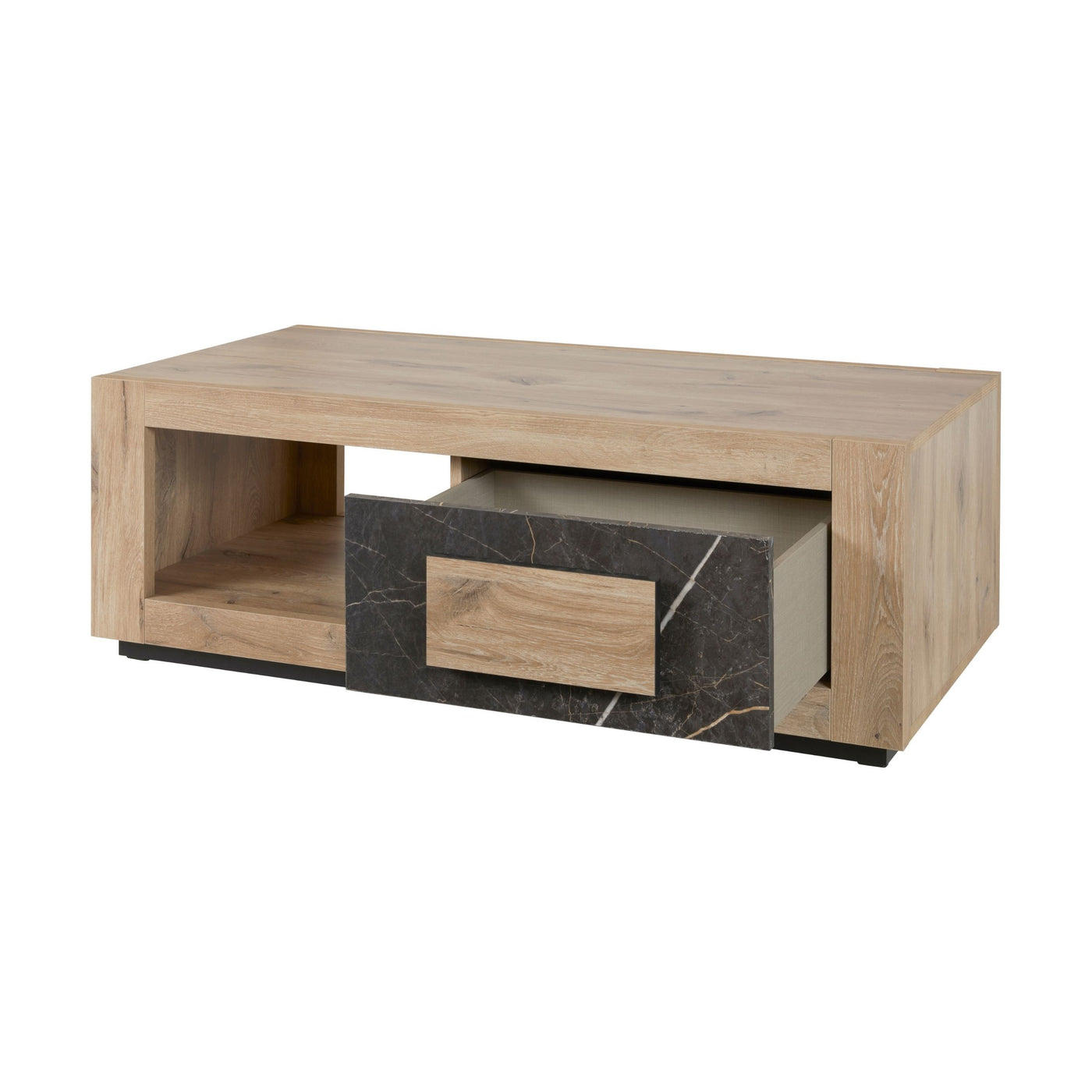 Salle à manger Sacha (Canyon Oak / Marmer / Nox), table basse tiroir façade marbre Nox ouvert 