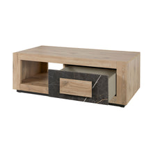 Salle à manger Sacha (Canyon Oak / Marmer / Nox), table basse tiroir façade marbre Nox ouvert 