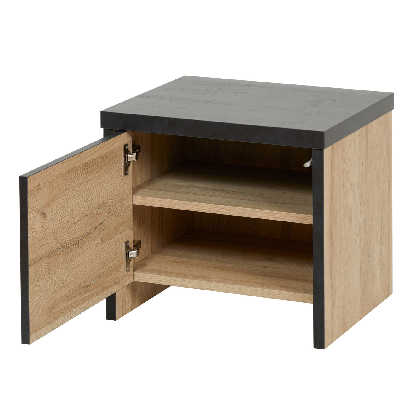 Chevet Phaedra porte battante ouverte : intérieur FRENCH OAK avec étagère, plateau NOX