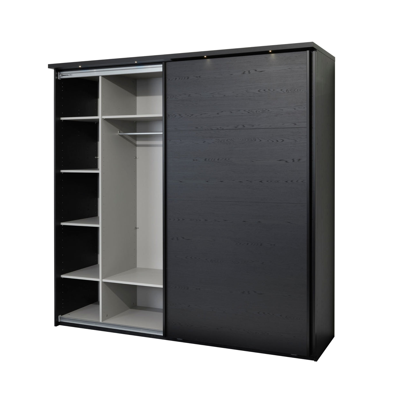Intérieur armoire Rosie NOX vu de droite : étagères et tringle chromée côté droit
