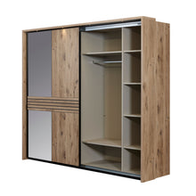 Intérieur armoire coulissante Tanya 245 cm : penderie centrale, étagères latérales et spot LED sous corniche 