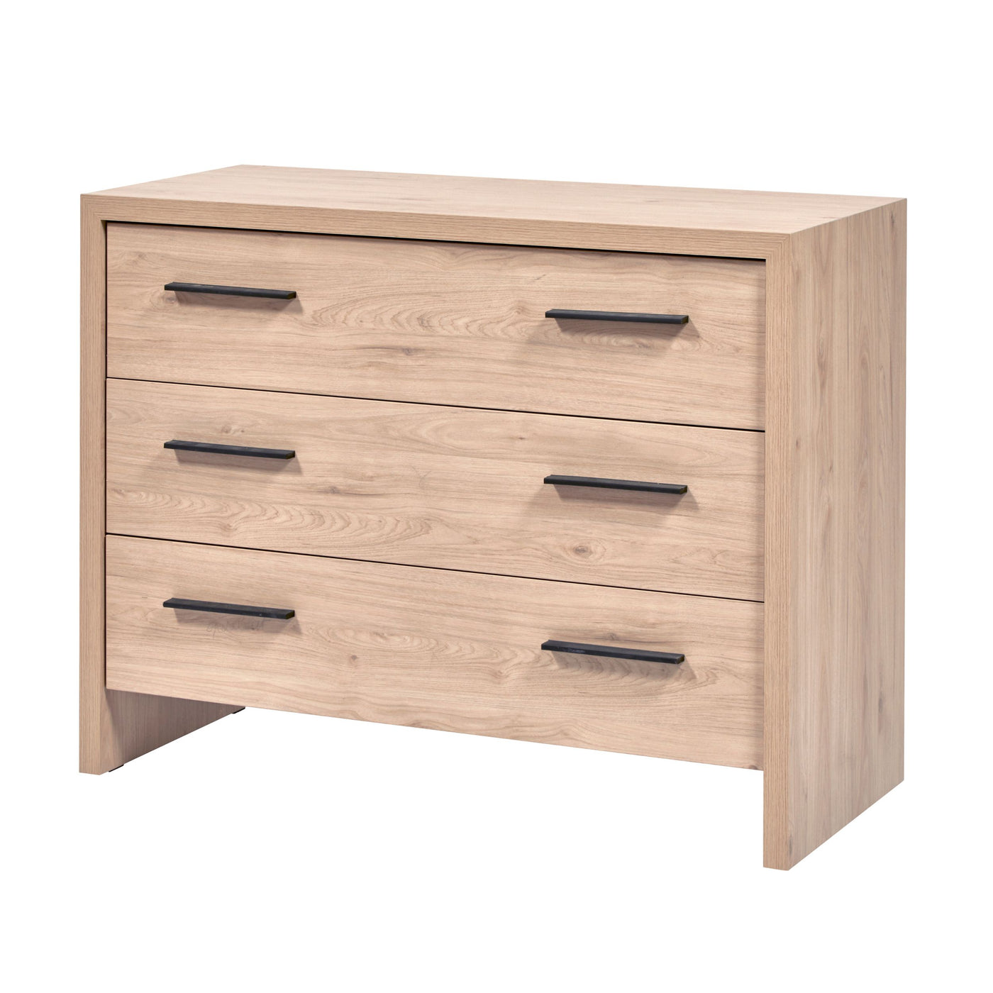 Commode Viola CASTELLA 3 tiroirs, plateau et corps mélamine chêne naturel, poignées noires