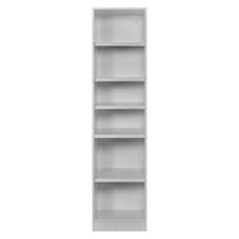 Rangement Systemix en décor papier sur panneaux de particules BLANC / ANTHRACITE, colonne d'étagères ouvertes blanche étroite à six niveaux, vue de face de la niche de rangement