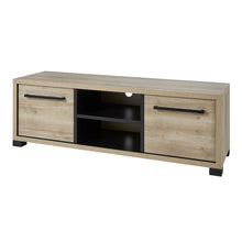 Salle à manger Rico (bi-ton Arizona Oak & Nero), meuble TV deux portes chêne clair à niche centrale noire en vue trois-quarts sur fond blanc