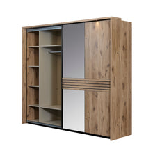 Intérieur armoire coulissante Tanya 280 cm : étagères latérales profondes, penderie et spot LED