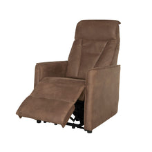 Fauteuil relax Levi en tissu brun foncé, en position relax déployée, vue de trois-quarts 