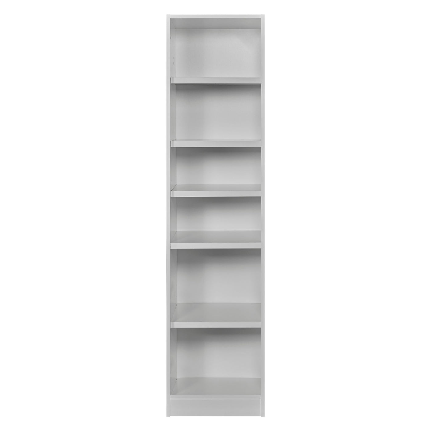 Rangement Systemix en décor papier sur panneaux de particules BLANC / ANTHRACITE, colonne d'étagères blanche haute à six tablettes pour livres et objets, vue de face 