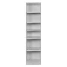 Rangement Systemix en décor papier sur panneaux de particules BLANC / ANTHRACITE, colonne d'étagères blanche haute à six tablettes pour livres et objets, vue de face 