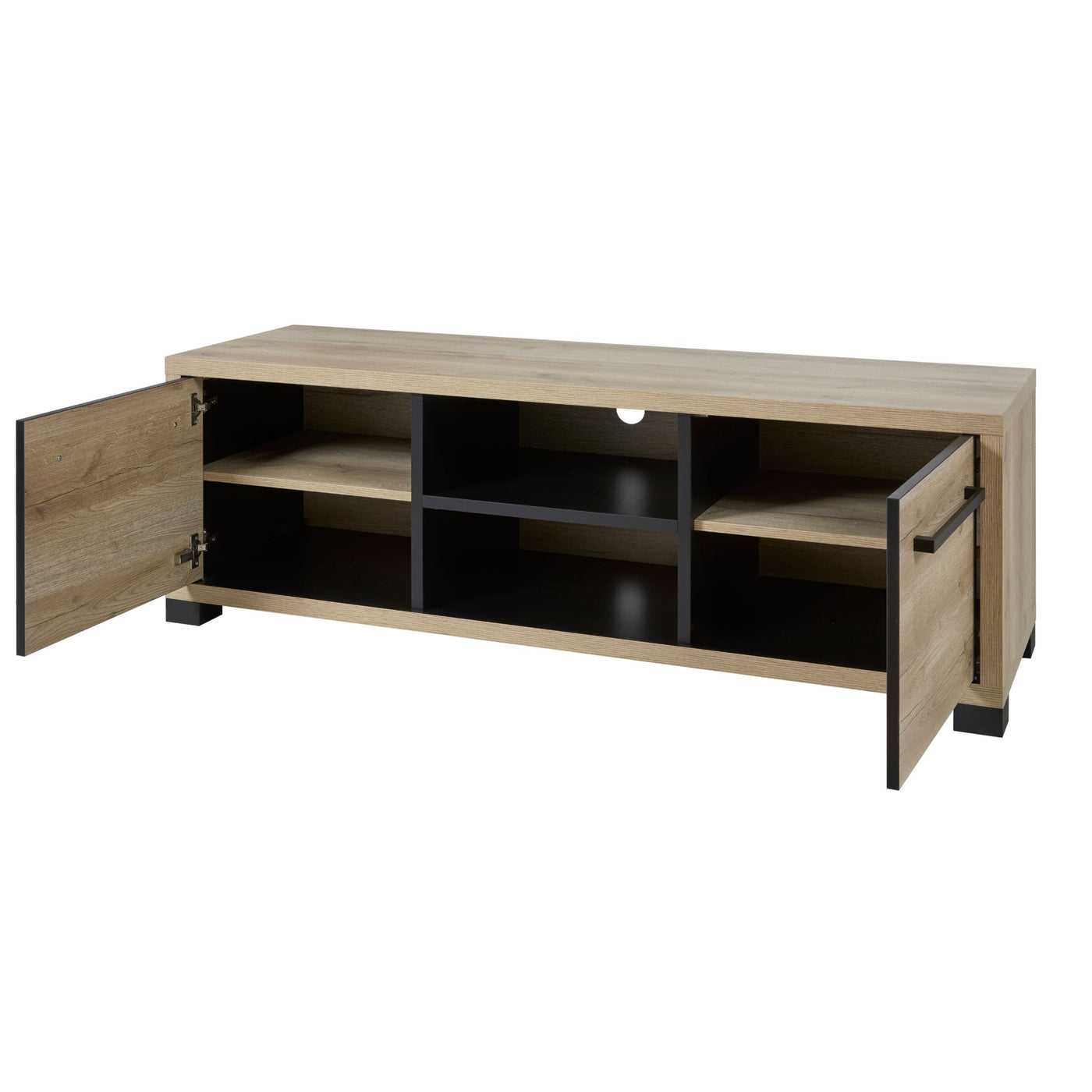 Salle à manger Rico (bi-ton Arizona Oak & Nero), meuble TV portes ouvertes révélant les niches et étagères intérieures