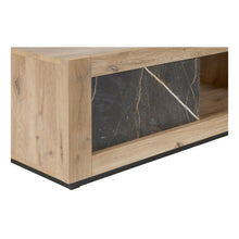 Salle à manger Sacha (Canyon Oak / Marmer / Nox), table basse détail de la niche et panneau marbre Nox